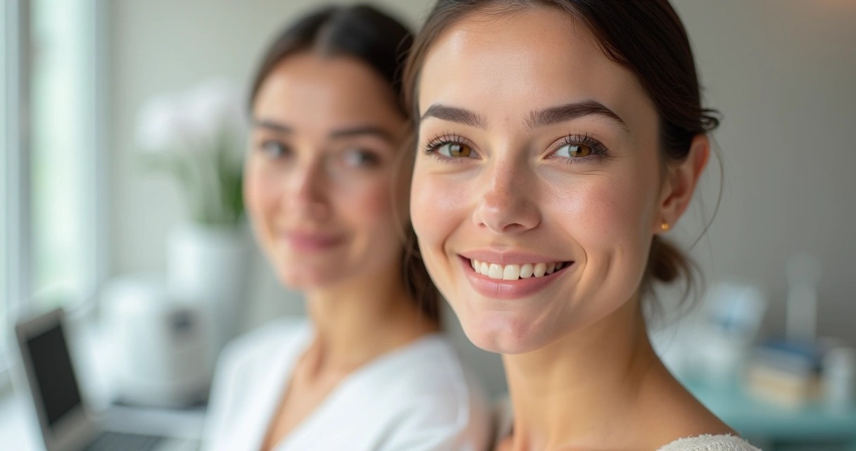 Mulher antes e depois de tratamento estético com melhora visível na pele