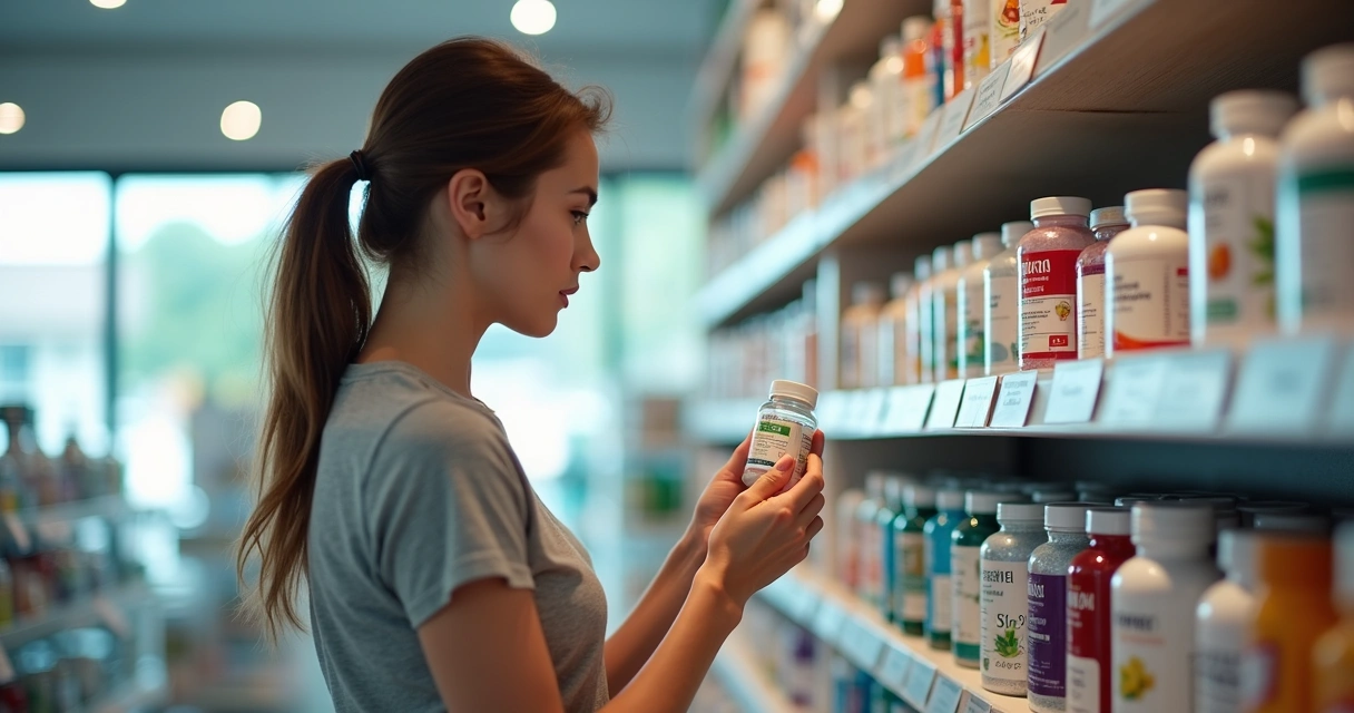 Mulher analisando frascos de vitaminas e suplementos em prateleira