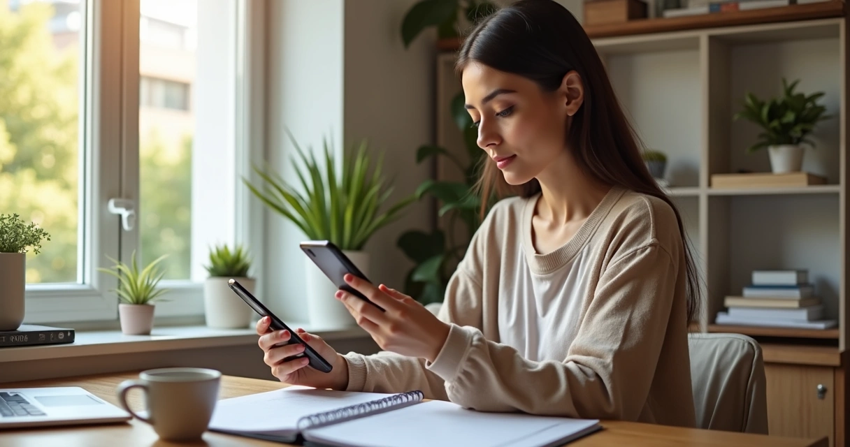 Mulher organizando sua agenda no celular em ambiente aconchegante e iluminado