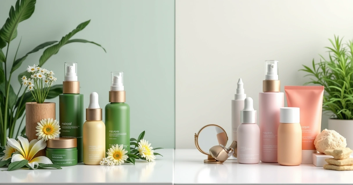 Linha de produtos naturais e convencionais para cuidados com a pele dispostos lado a lado sobre fundo branco