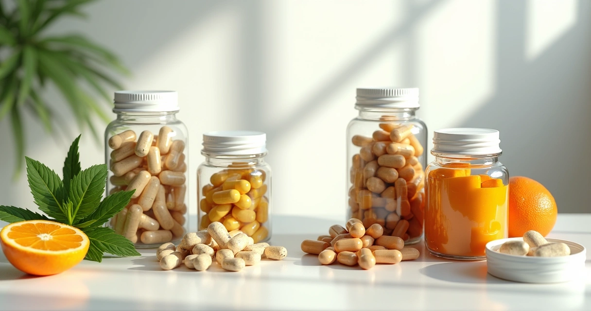 Comparação detalhada entre suplementos vitamínicos naturais e industrializados em frascos diferentes sobre superfície branca