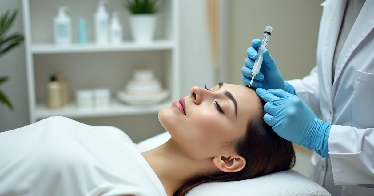 Dermatologista aplicando toxina botulínica na testa de paciente em clínica moderna