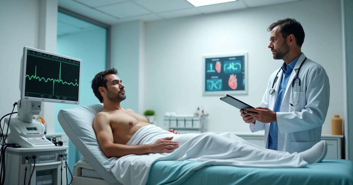 Paciente realizando eletrocardiograma em clínica com cardiologista analisando o traçado no monitor